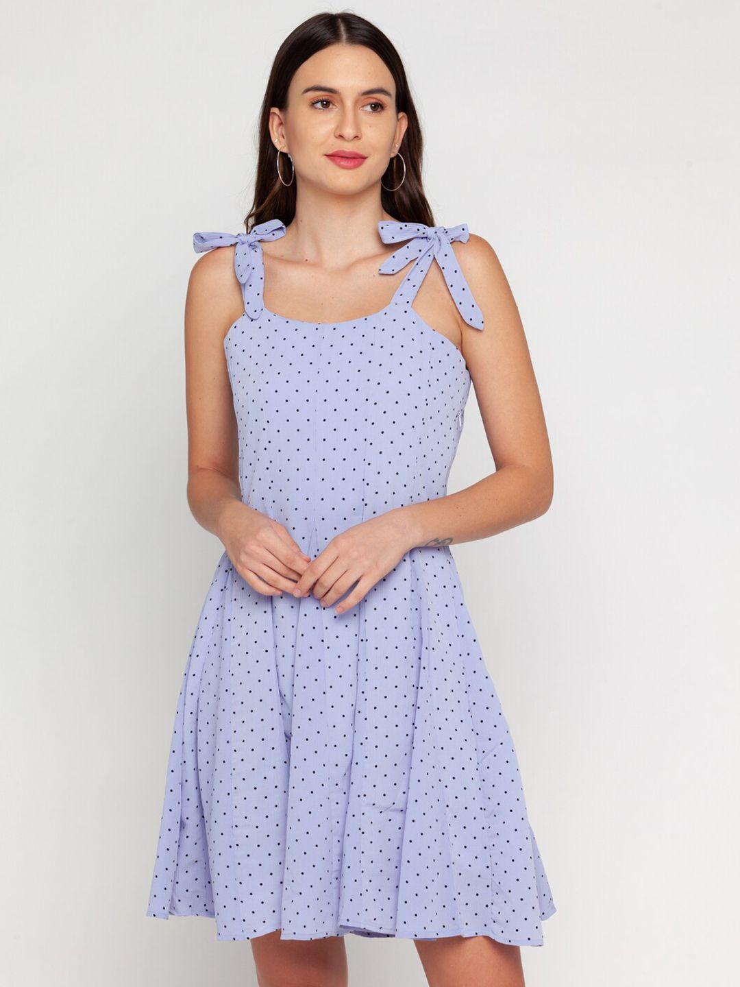 zink london blue polka dots print fit & flare dress