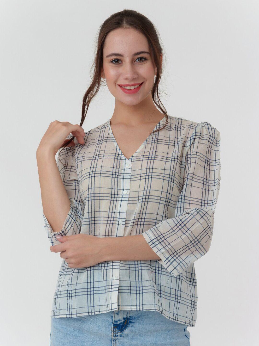 zink london checked v-neck pure cotton shirt style top