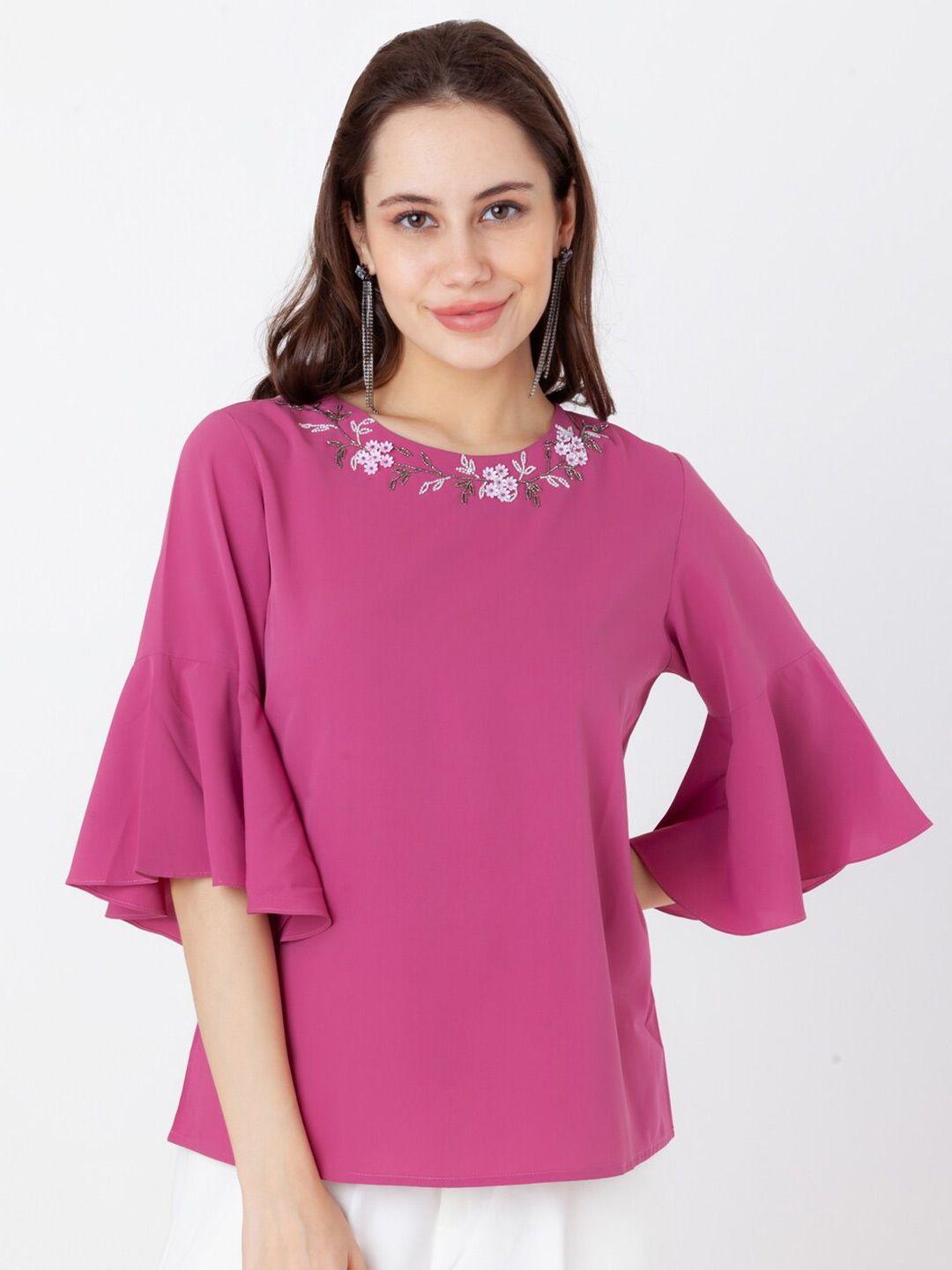 zink london embroidered round neck bell sleeve top