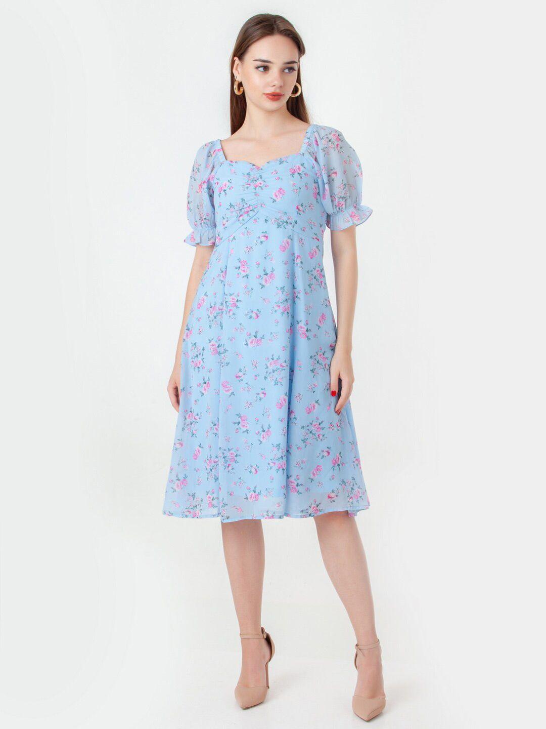 zink london floral printed notched neck short puff sleeves fit and flare dress