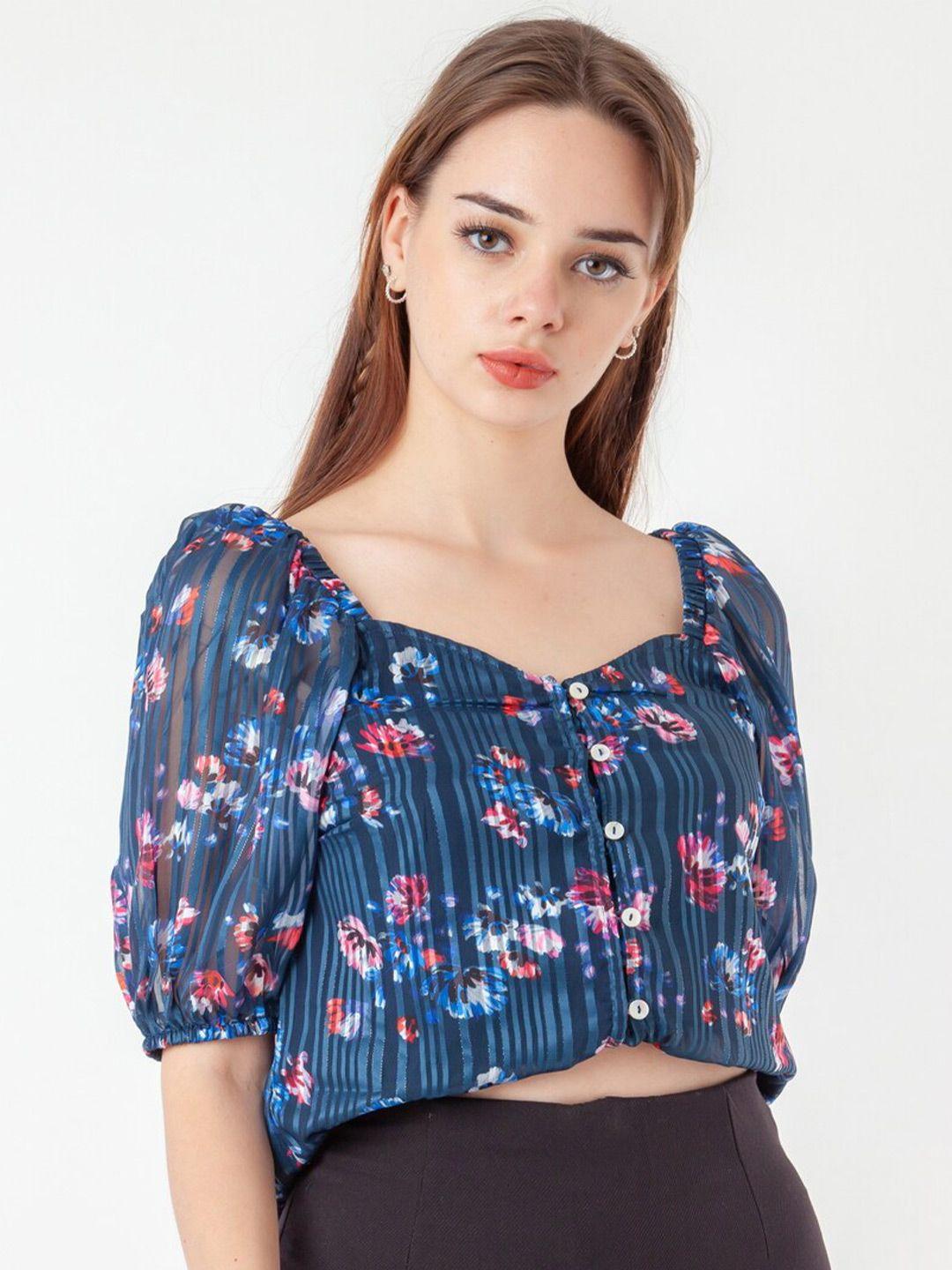 zink london floral printed sweetheart neck puff sleeves straight top