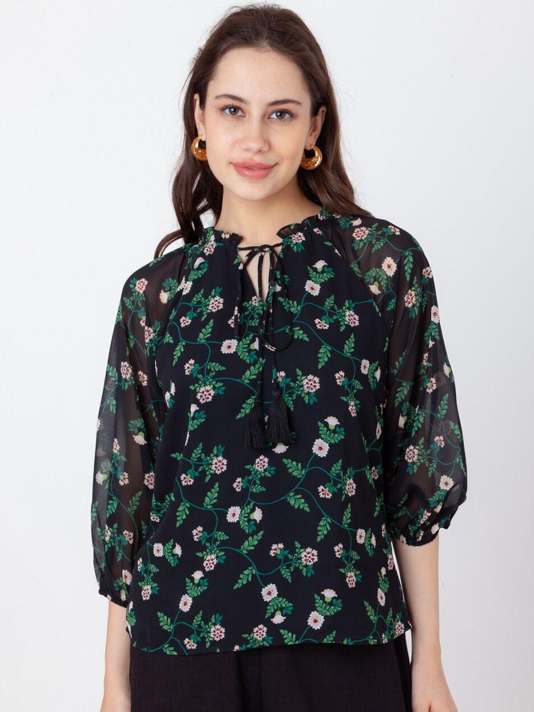 zink london floral printed tie-up neck top