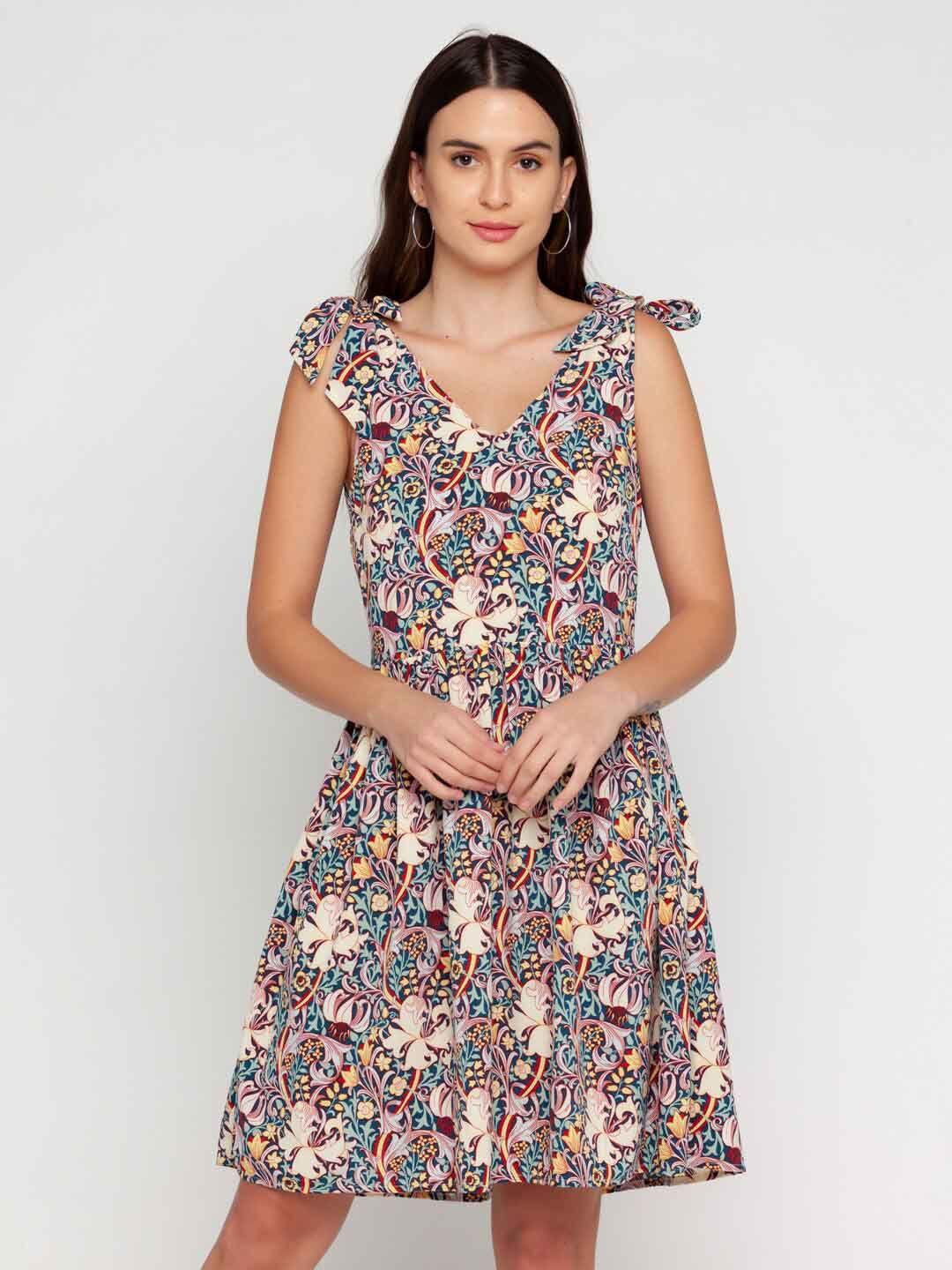 zink london floral printed v neck above knee fit and flare dress