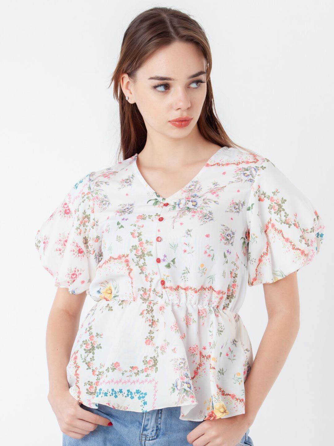 zink london floral printed v-neck flutter sleeve empire top