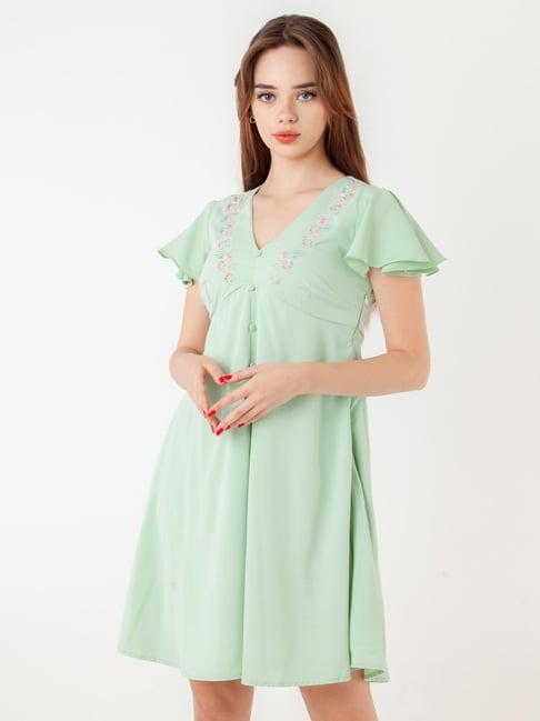 zink london green embroidered a-line dress