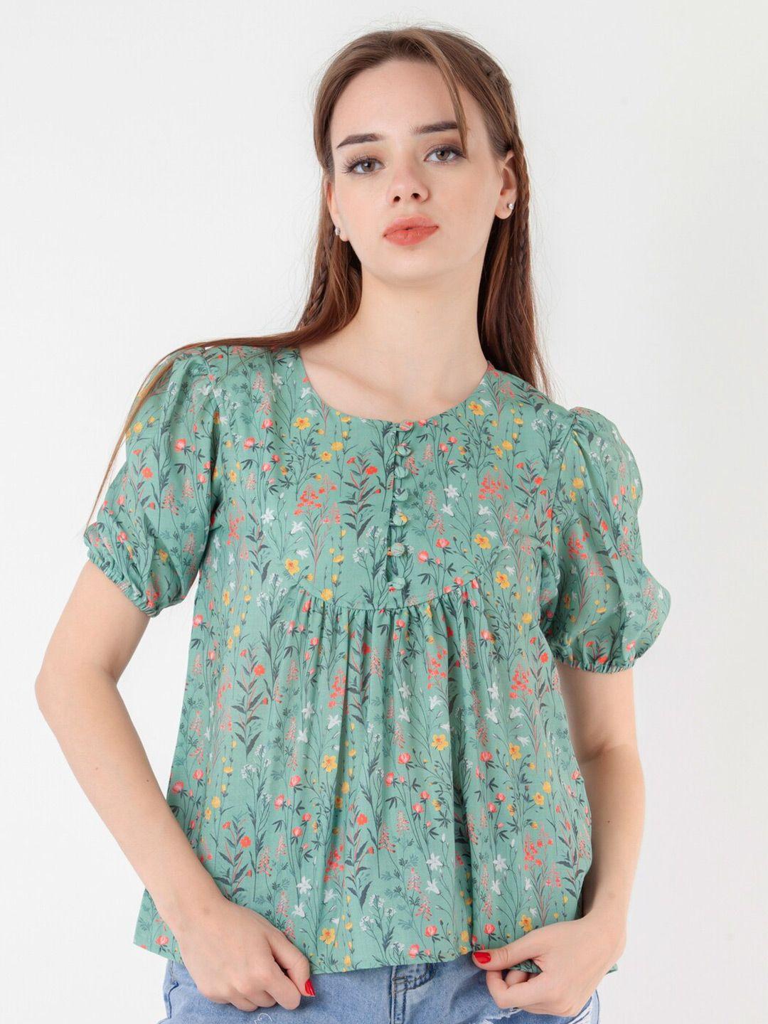 zink london green floral print puff sleeve top