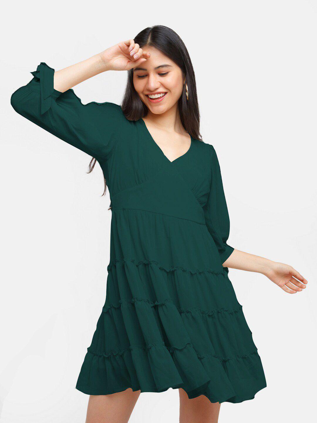 zink london green v-neck fit & flare dress