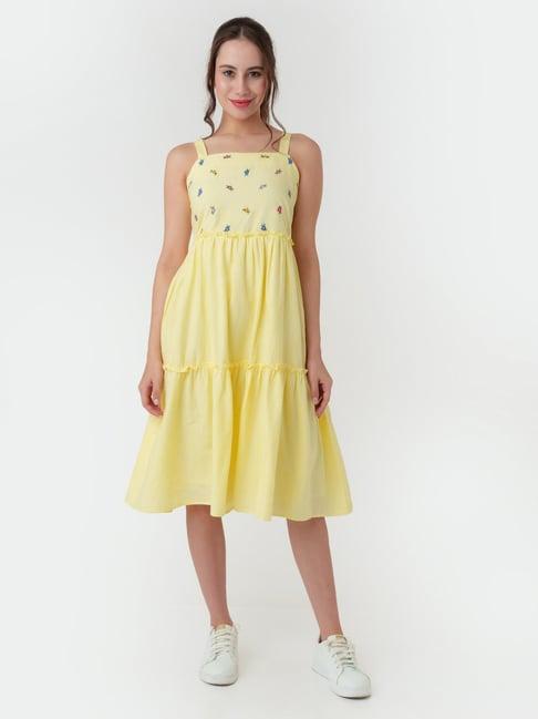 zink london light yellow embroidered a line dress