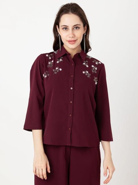 zink london maroon & white embellished shirt