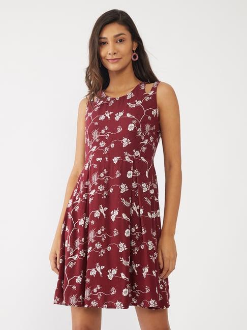 zink london maroon & white floral print a line dress