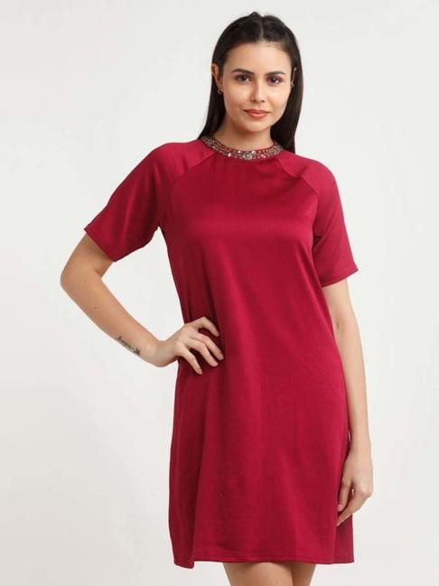 zink london maroon embellished a-line dress