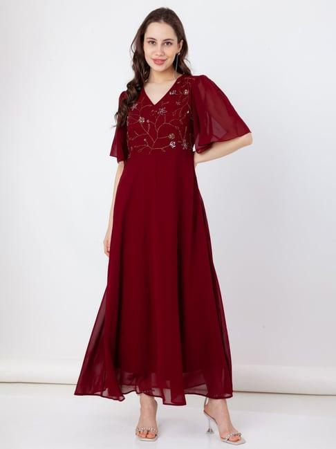 zink london maroon embellished maxi dress