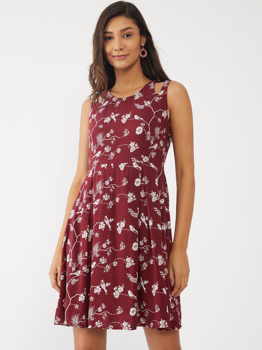 zink london maroon floral fit & flare dress