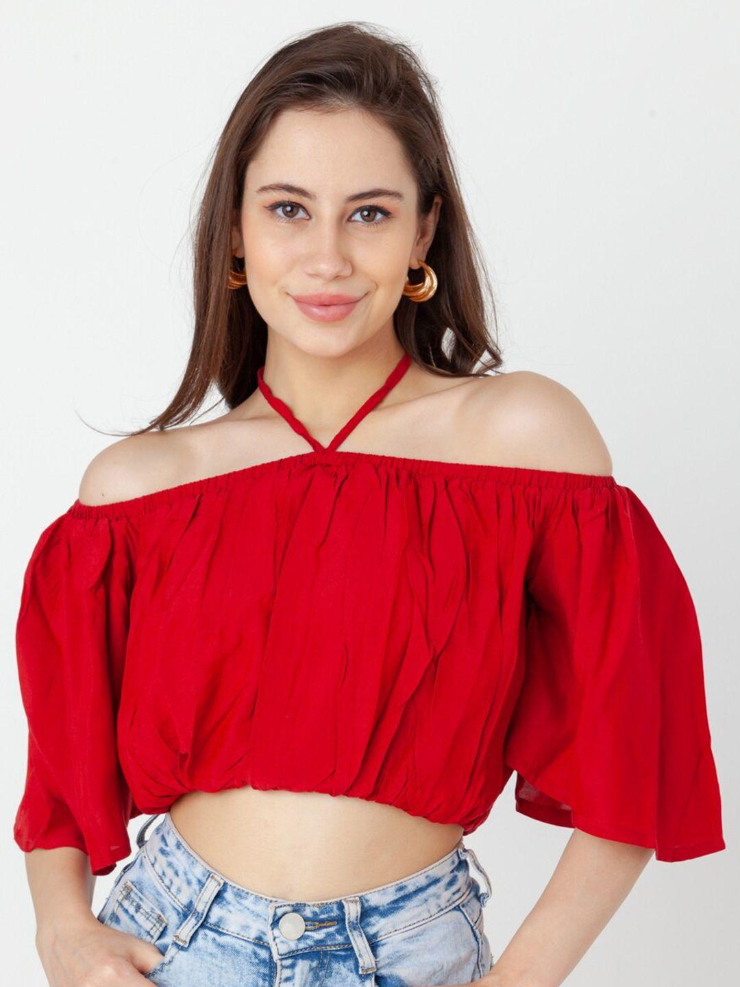 zink london off-shoulder flared sleeve bardot crop top