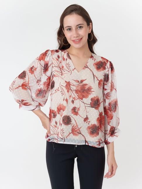 zink london off white & brown floral print top