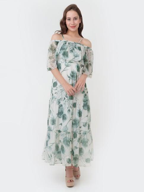 zink london off white & green floral print maxi dress