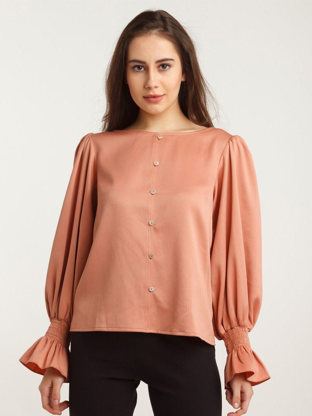 zink london peach coloured solid puff sleeve top