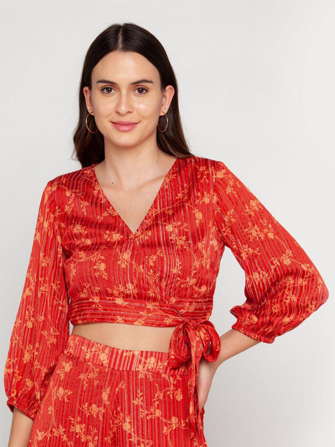 zink london rust & yellow floral print wrap tie-up crop top