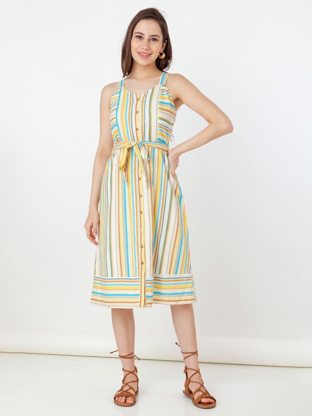zink london shoulder strapped striped a-line belted pure cotton midi dress