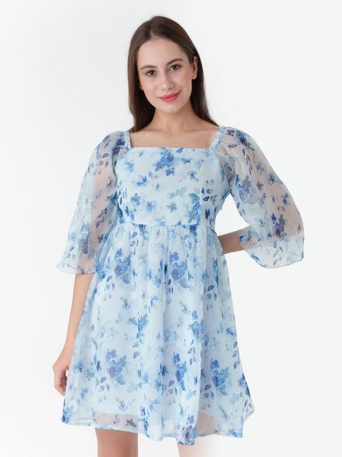 zink london white & blue floral print a line dress