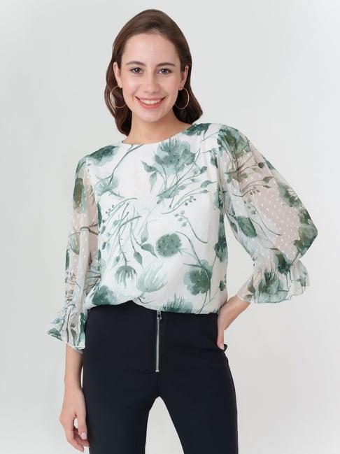 zink london white & green floral print top
