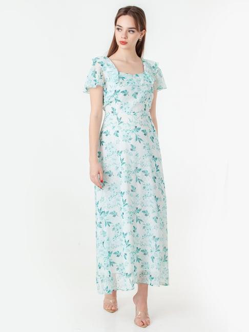 zink london white & green printed maxi dress