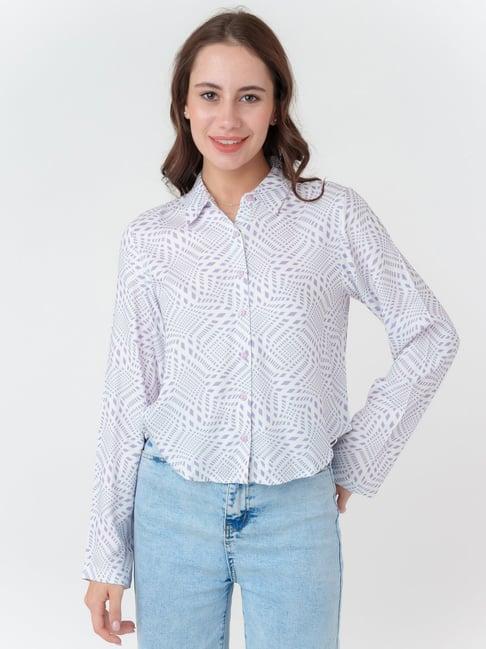 zink london white & lavender viscose printed shirt