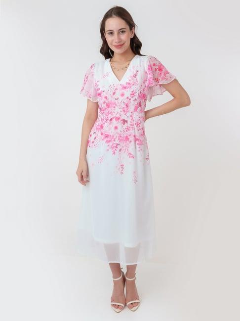 zink london white & pink floral print midi dress