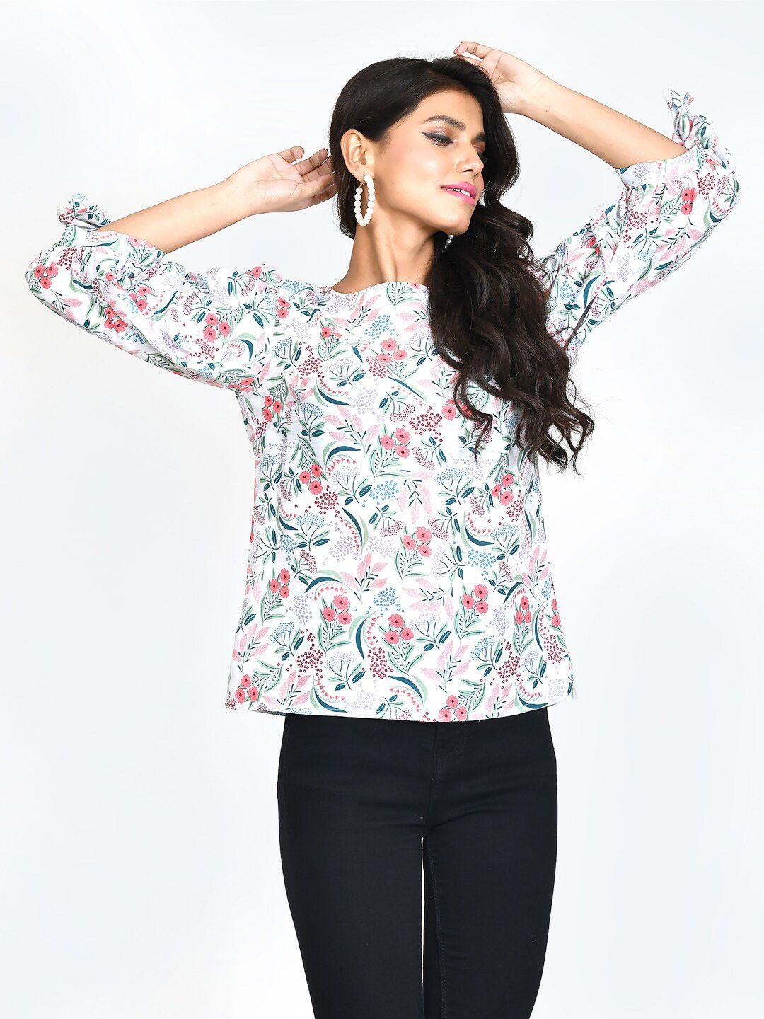 zink london white floral print tie-up sleeves top