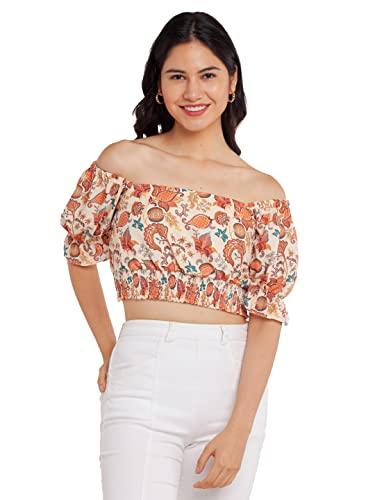 zink london women's beige printed blouson crop top