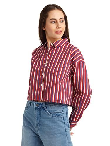 zink london women's blue & purple stripes cropped shirt