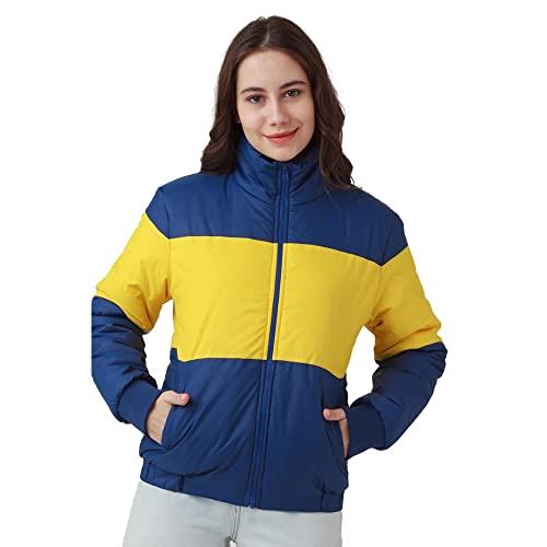 zink london women's blue & yellow colourblocked quilted jacket