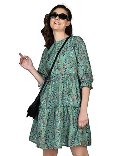 zink london women's green floral print tiered short dress