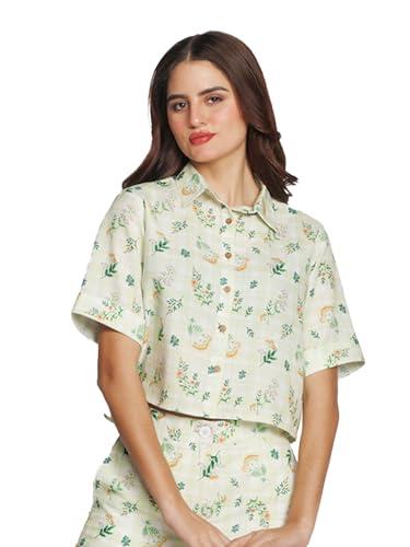 zink london women's green floral printed crop shirt