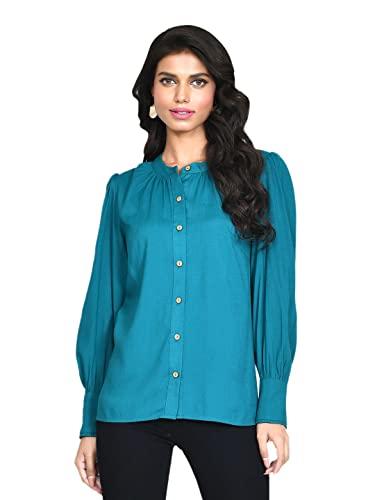 zink london women's green solid shirt styled frill top