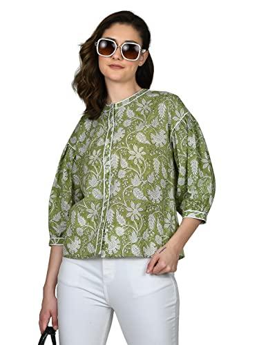 zink london women's green tropical print shirt style top