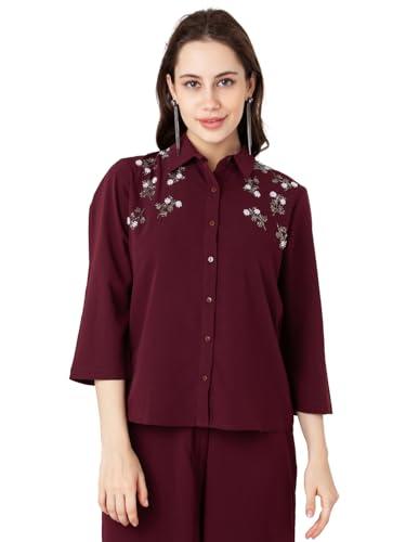 zink london women's maroon embroidered regular shirt