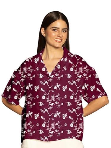 zink london women's maroon floral print lapel collared shirt