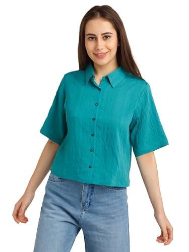 zink london women's teal solid short sleeves shirt