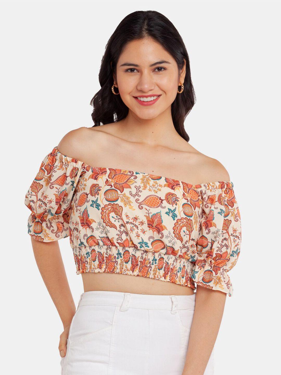 zink london women beige floral print off-shoulder blouson crop top