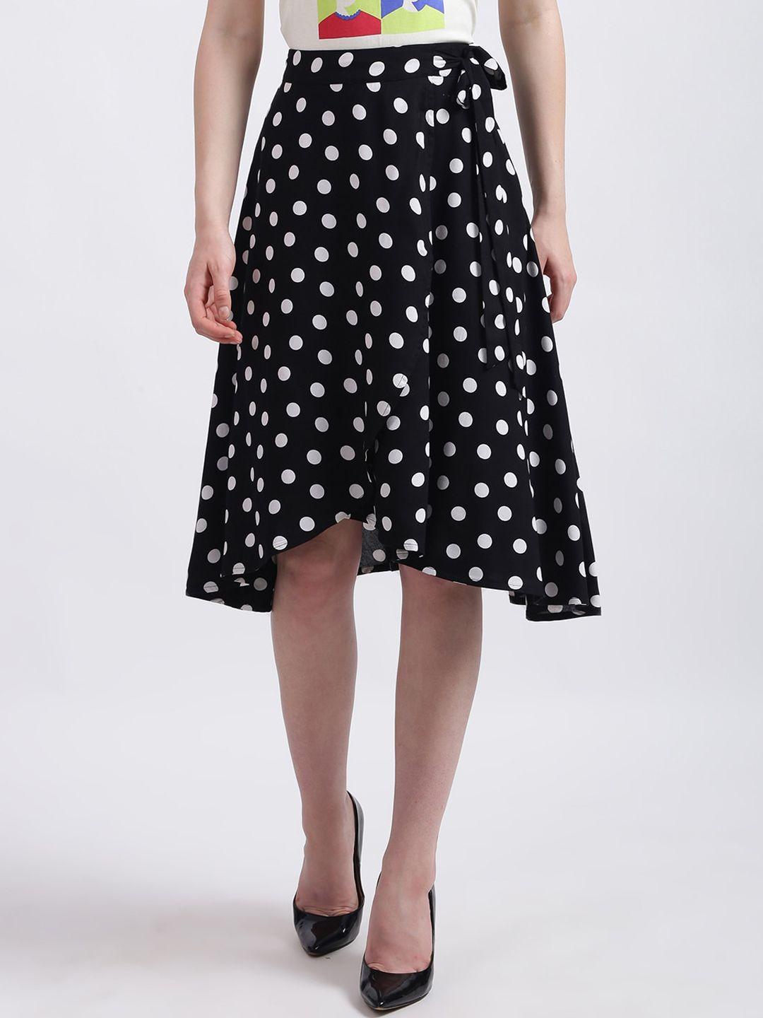 zink london women black & white polka dot printed knee-length wrap skirt