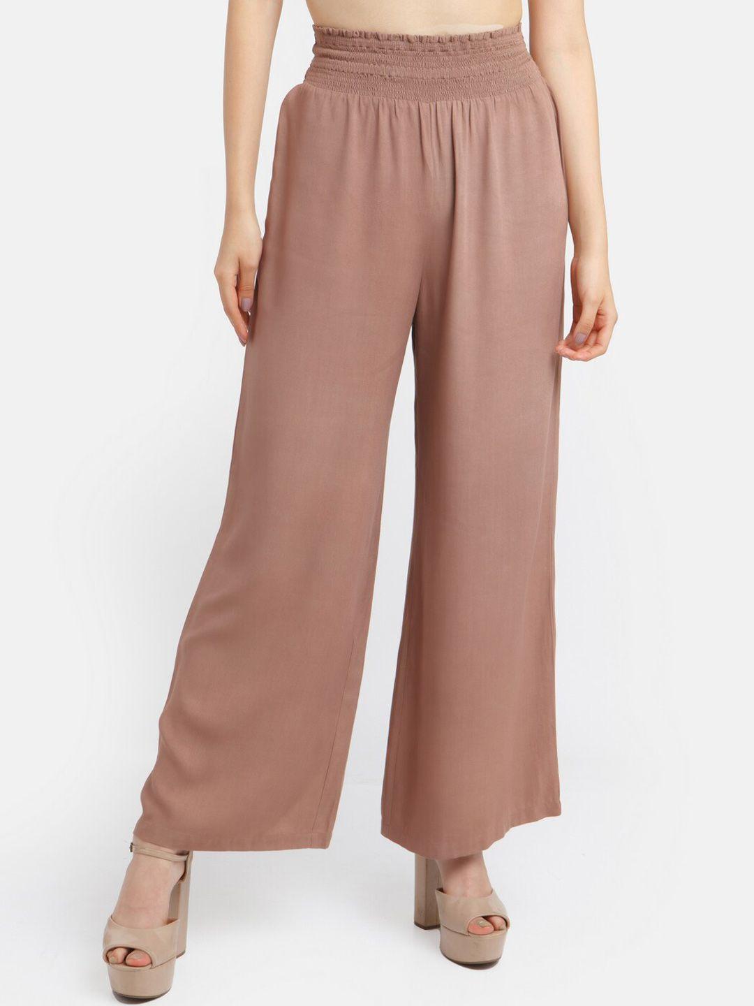 zink london women brown high-rise smocking  trousers