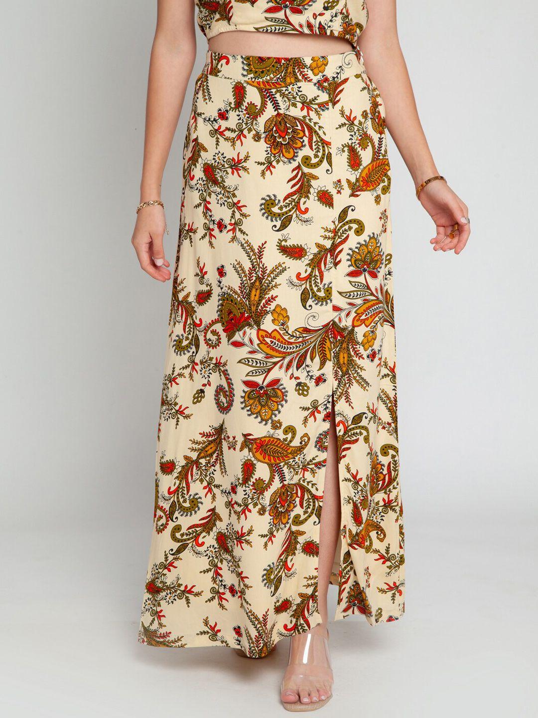 zink london women cream-colored floral printed maxi skirts