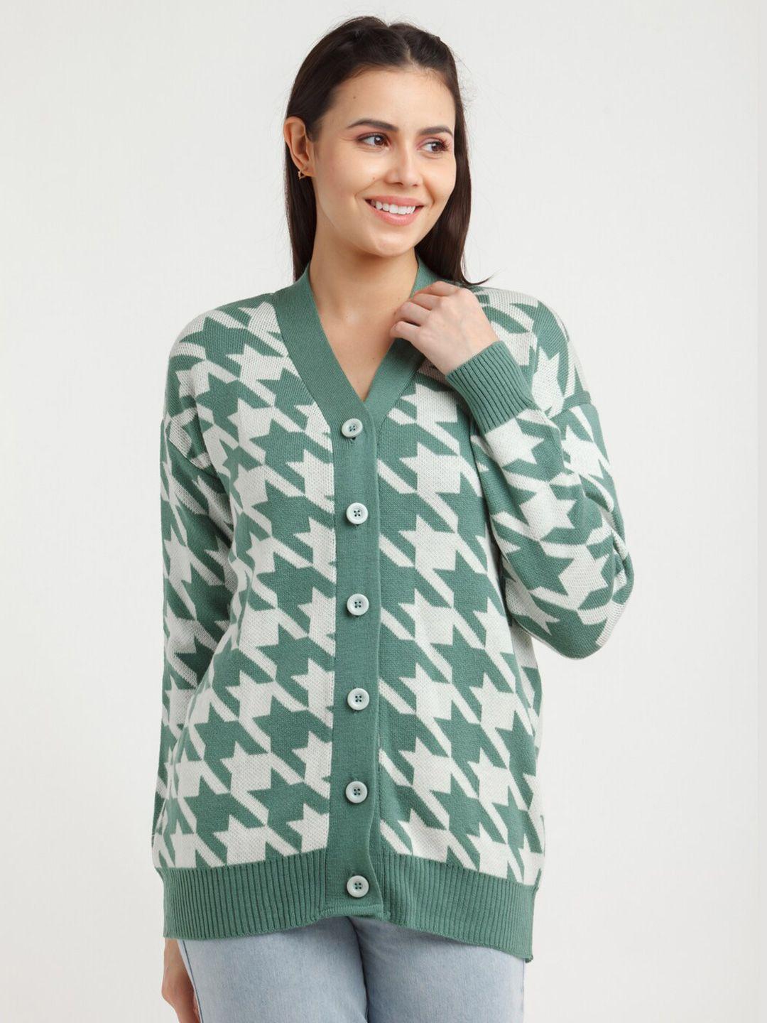 zink london women green & white abstract self design acrylic cardigan