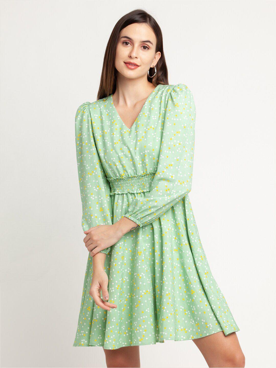 zink london women green & white smocked bishop sleeves dress