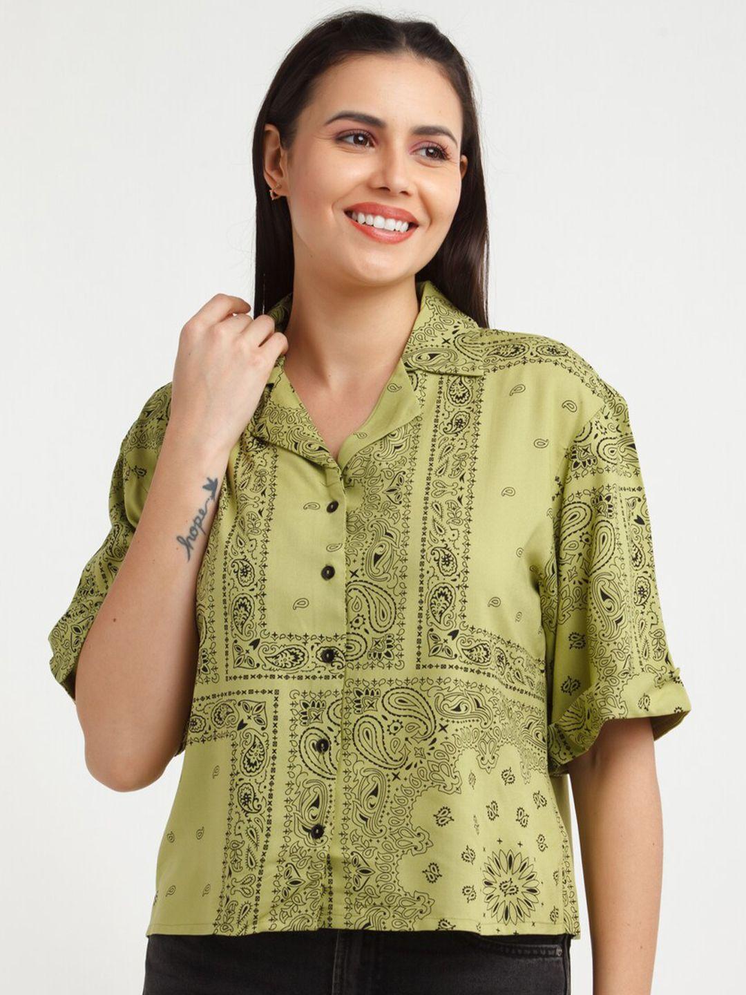 zink london women green ethnic print casual crop shirt