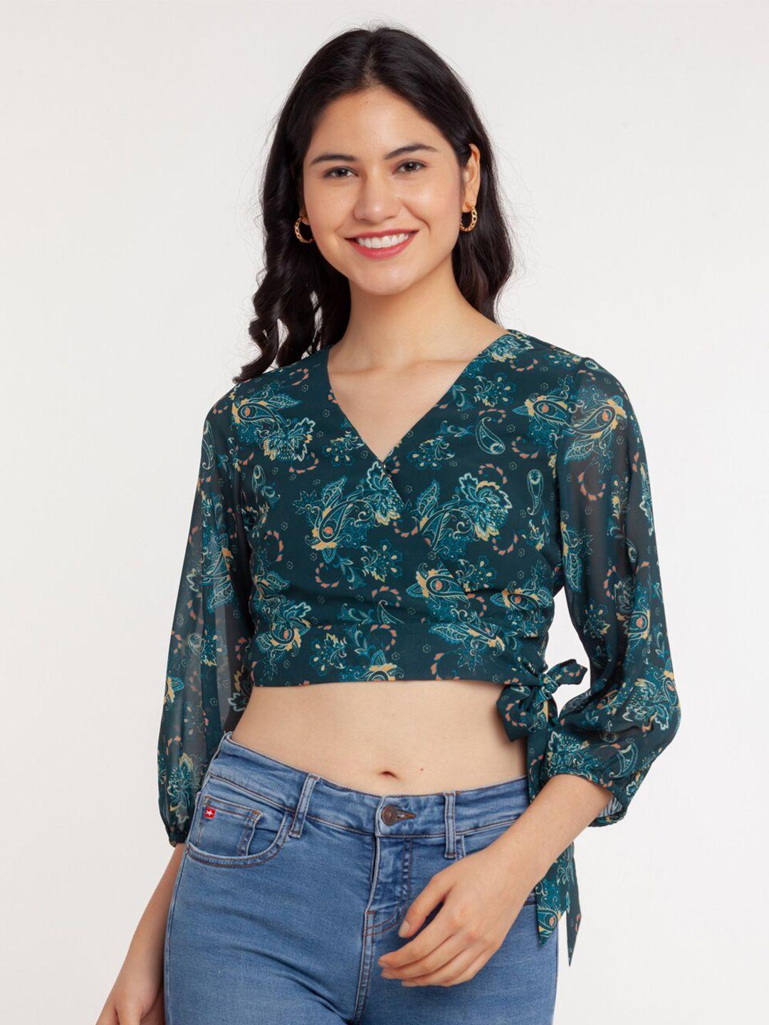 zink london women green floral print wrap crop top