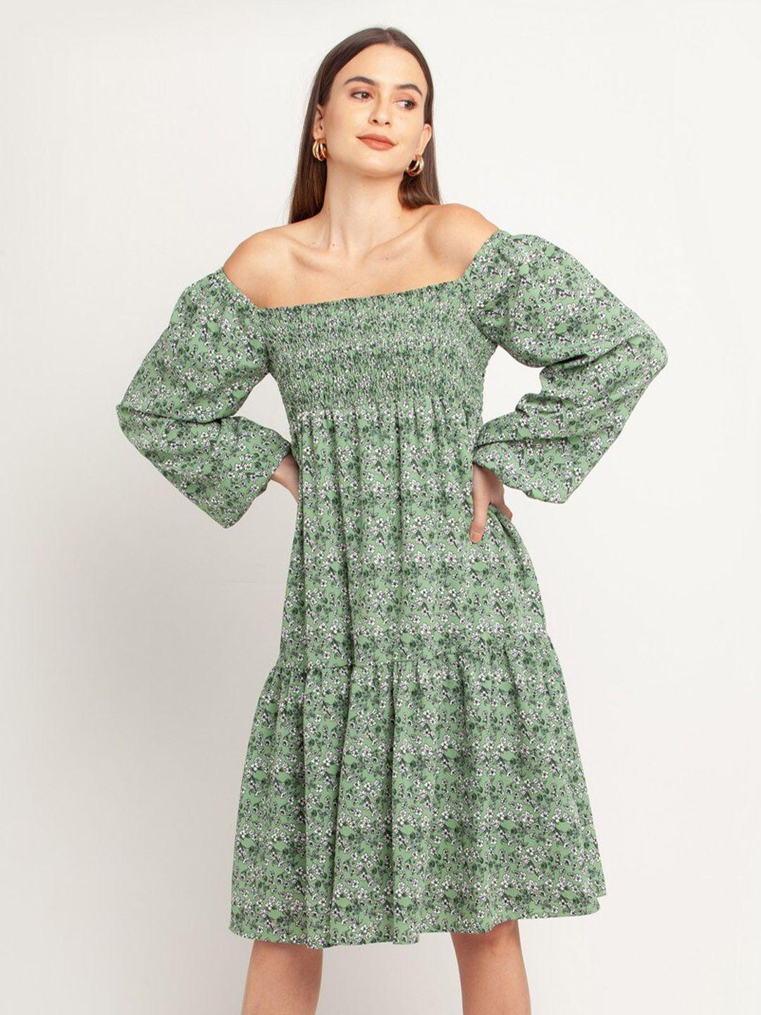 zink london women green floral printed off-shoulder dress