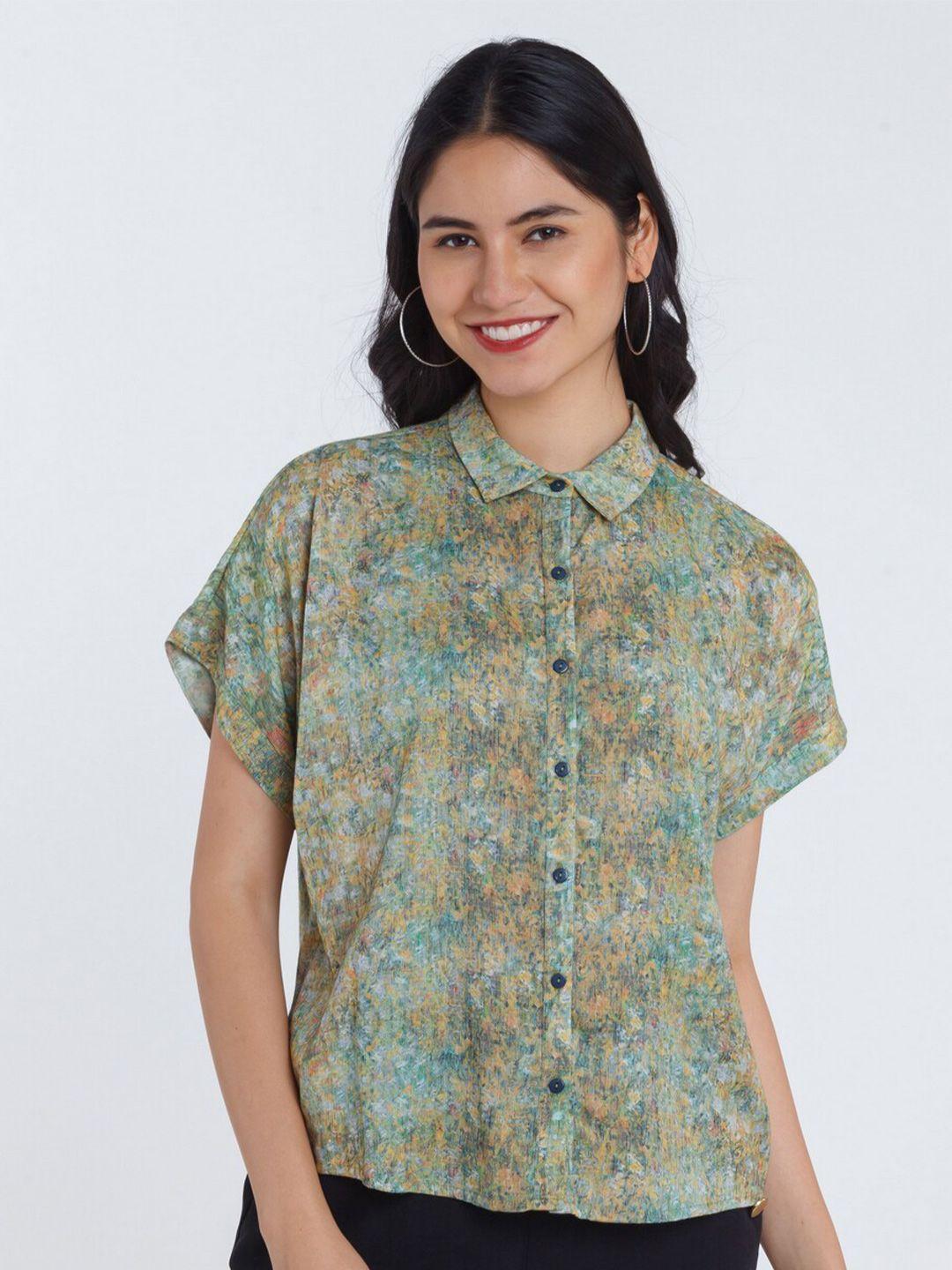 zink london women green slim fit floral printed casual shirt