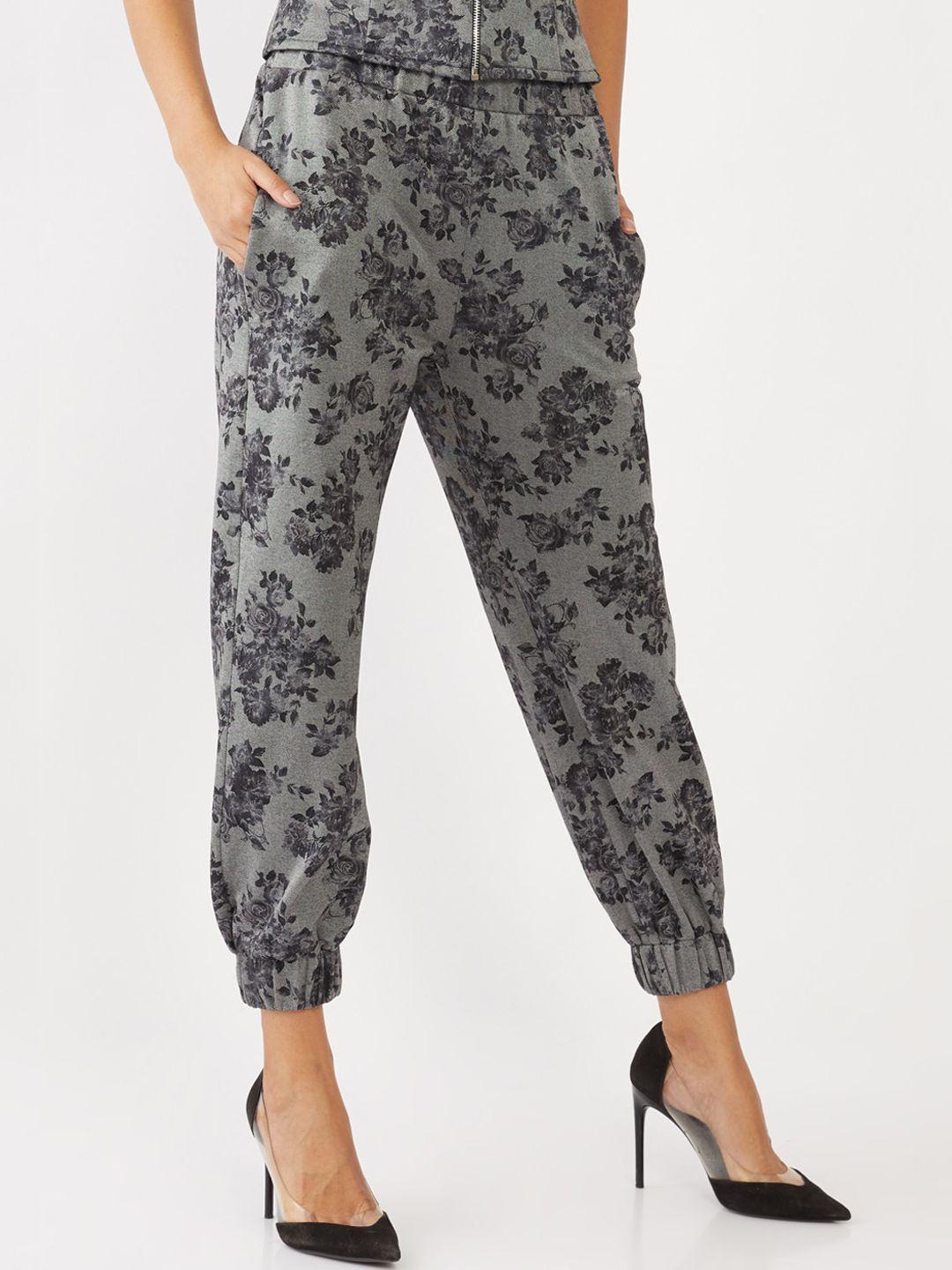 zink london women grey floral printed slim fit high-rise joggers trousers